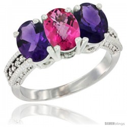 14K White Gold Natural Pink Topaz & Amethyst Ring 3-Stone 7x5 mm Oval Diamond Accent