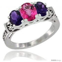 14K White Gold Natural Pink Topaz & Amethyst Ring 3-Stone Oval with Diamond Accent