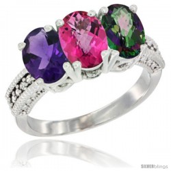 14K White Gold Natural Amethyst, Pink Topaz & Mystic Topaz Ring 3-Stone 7x5 mm Oval Diamond Accent