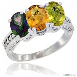 14K White Gold Natural Mystic Topaz, Whisky Quartz & Lemon Quartz Ring 3-Stone 7x5 mm Oval Diamond Accent