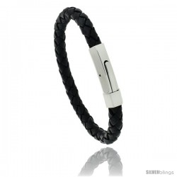 Stainless Steel Leather Braid Bracelet Color Black, 5/16 in wide