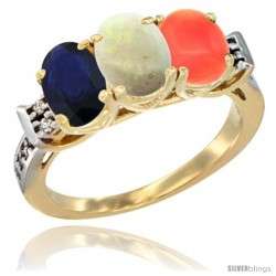 10K Yellow Gold Natural Blue Sapphire, Opal & Coral Ring 3-Stone Oval 7x5 mm Diamond Accent