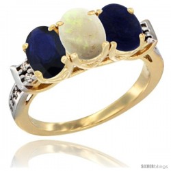 10K Yellow Gold Natural Blue Sapphire, Opal & Lapis Ring 3-Stone Oval 7x5 mm Diamond Accent