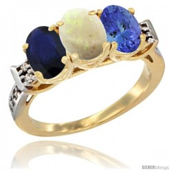 10K Yellow Gold Natural Blue Sapphire, Opal & Tanzanite Ring 3-Stone Oval 7x5 mm Diamond Accent