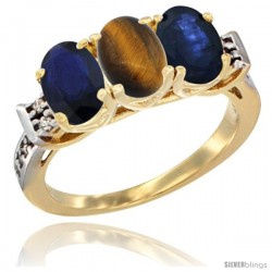 10K Yellow Gold Natural Tiger Eye & Blue Sapphire Sides Ring 3-Stone Oval 7x5 mm Diamond Accent