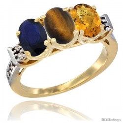 10K Yellow Gold Natural Blue Sapphire, Tiger Eye & Whisky Quartz Ring 3-Stone Oval 7x5 mm Diamond Accent