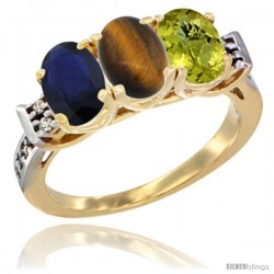 10K Yellow Gold Natural Blue Sapphire, Tiger Eye & Lemon Quartz Ring 3-Stone Oval 7x5 mm Diamond Accent