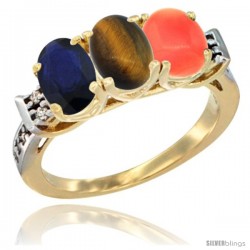 10K Yellow Gold Natural Blue Sapphire, Tiger Eye & Coral Ring 3-Stone Oval 7x5 mm Diamond Accent