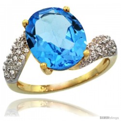 14k Gold Natural Swiss Blue Topaz Ring 12x10 mm Oval Shape Diamond Halo, 1/2inch wide