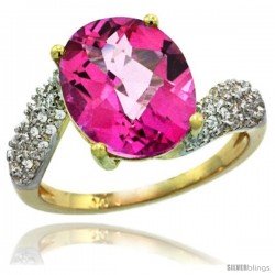 14k Gold Natural Pink Topaz Ring 12x10 mm Oval Shape Diamond Halo, 1/2inch wide