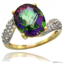 14k Gold Natural Mystic Topaz Ring 12x10 mm Oval Shape Diamond Halo, 1/2inch wide