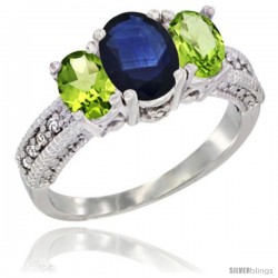 10K White Gold Ladies Oval Natural Blue Sapphire 3-Stone Ring with Peridot Sides Diamond Accent