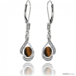 14K White Gold Natural Tiger Eye Lever Back Earrings, 1 7/16 in long