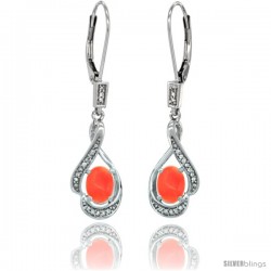 14K White Gold Natural Coral Lever Back Earrings, 1 7/16 in long