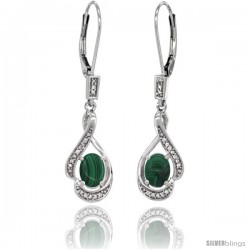 14K White Gold Natural Malachite Lever Back Earrings, 1 7/16 in long