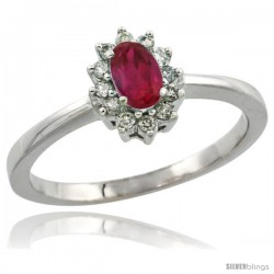 14k White Gold ( 5x3 mm ) Halo Engagement Created Ruby Ring w/ 0.12 Carat Brilliant Cut Diamonds & 0.20 Carat Oval Cut Stone