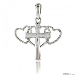 Sterling Silver Triple Heart Cross Pendant Flawless Quality, 7/8 in (22 mm) tall