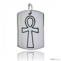 Sterling Silver Dog Tag w/ Egyptian Ankh, 1 3/16 in (30 mm) tall