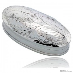 Sterling Silver Pill Box, 1 15/16" x 15/16" (49 mm x 24 mm) Elongated Oval Shape, Engraved Design