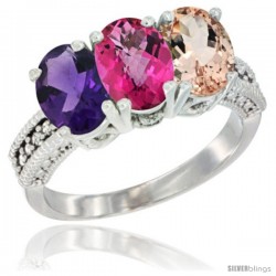 14K White Gold Natural Amethyst, Pink Topaz & Morganite Ring 3-Stone 7x5 mm Oval Diamond Accent