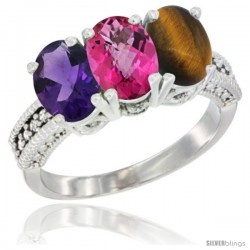 14K White Gold Natural Amethyst, Pink Topaz & Tiger Eye Ring 3-Stone 7x5 mm Oval Diamond Accent