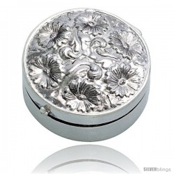 Sterling Silver Pill Box, 1 3/16" (30 mm) Round Shape, Embossed Finish