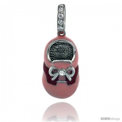 Sterling Silver Pink & Red Enamel Baby Shoe Pendant w/ CZ Stones, 7/8 in. (23 mm) tall