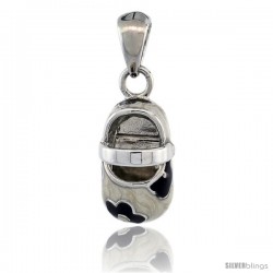 Sterling Silver Floral White & Black Enamel Baby Shoe Pendant, 9/16 in. (15 mm) tall