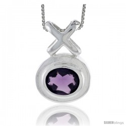 High Polished Sterling Silver 1 1/16" (28 mm) tall Hugs & Kisses Pendant, w/ Oval Cut 11x9mm Amethyst-colored CZ Stone, w/ 18"