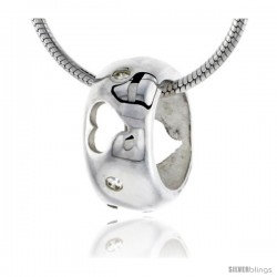 High Polished Sterling Silver 7/16" (11 mm) tall Round Pendant Slide, w/ Heart Cut Outs & Brilliant Cut CZ Stones, w/ 18" Thin