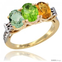 10K Yellow Gold Natural Green Amethyst, Peridot & Whisky Quartz Ring 3-Stone Oval 7x5 mm Diamond Accent