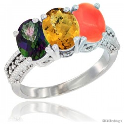 14K White Gold Natural Mystic Topaz, Whisky Quartz & Coral Ring 3-Stone 7x5 mm Oval Diamond Accent