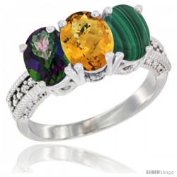 14K White Gold Natural Mystic Topaz, Whisky Quartz & Malachite Ring 3-Stone 7x5 mm Oval Diamond Accent