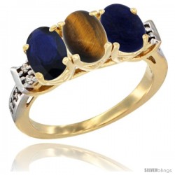 10K Yellow Gold Natural Blue Sapphire, Tiger Eye & Lapis Ring 3-Stone Oval 7x5 mm Diamond Accent