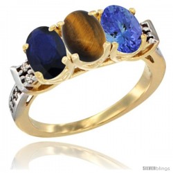 10K Yellow Gold Natural Blue Sapphire, Tiger Eye & Tanzanite Ring 3-Stone Oval 7x5 mm Diamond Accent