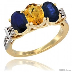 10K Yellow Gold Natural Whisky Quartz & Blue Sapphire Sides Ring 3-Stone Oval 7x5 mm Diamond Accent