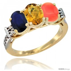 10K Yellow Gold Natural Blue Sapphire, Whisky Quartz & Coral Ring 3-Stone Oval 7x5 mm Diamond Accent