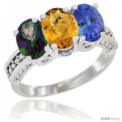 14K White Gold Natural Mystic Topaz, Whisky Quartz & Tanzanite Ring 3-Stone 7x5 mm Oval Diamond Accent