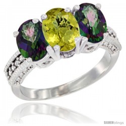 14K White Gold Natural Lemon Quartz & Mystic Topaz Sides Ring 3-Stone 7x5 mm Oval Diamond Accent