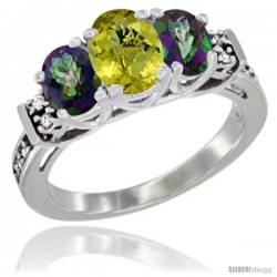 14K White Gold Natural Lemon Quartz & Mystic Topaz Ring 3-Stone Oval with Diamond Accent