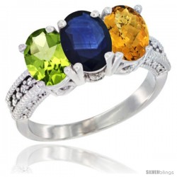 10K White Gold Natural Peridot, Blue Sapphire & Whisky Quartz Ring 3-Stone Oval 7x5 mm Diamond Accent