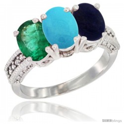 10K White Gold Natural Emerald, Turquoise & Lapis Ring 3-Stone Oval 7x5 mm Diamond Accent