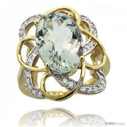 14k Gold Natural Green Amethyst Floral Design Ring 13x 19 mm Oval Shape Diamond Accent, 7/8inch wide