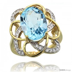 14k Gold Sky Blue Topaz Floral Design Engagement Ring 6.20 Carats Oval Cut stone 0.09 cttw Diamonds, 7/8inch.