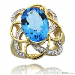 14k Gold Natural Swiss Blue Topaz Floral Design Ring 13x 19 mm Oval Shape Diamond Accent, 7/8inch wide