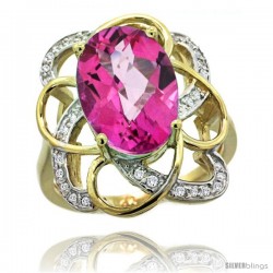 14k Gold Natural Pink Topaz Floral Design Ring 13x 19 mm Oval Shape Diamond Accent, 7/8inch wide