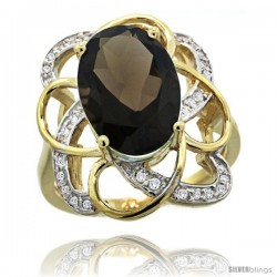 14k Gold Natural Smoky Topaz Floral Design Ring 13x 19 mm Oval Shape Diamond Accent, 7/8inch wide