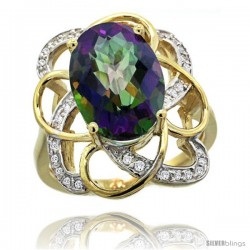 14k Gold Natural Mystic Topaz Floral Design Ring 13x 19 mm Oval Shape Diamond Accent, 7/8inch wide