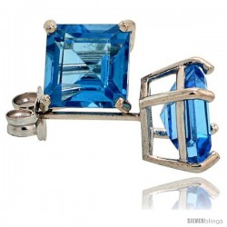 14K White Gold 6 mm Blue Topaz Square Stud Earrings 2 cttw December Birthstone