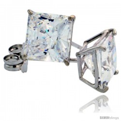 14K White Gold 6 mm Square CZ Stud Earrings Basket Set 2 1/2 Carat Size